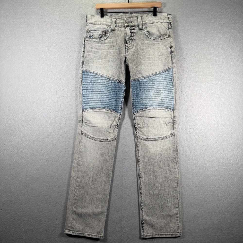 True Religion Men's Slim Fit Moto Run Stitch Jeans Size 34x35 Light Gray Wash‎